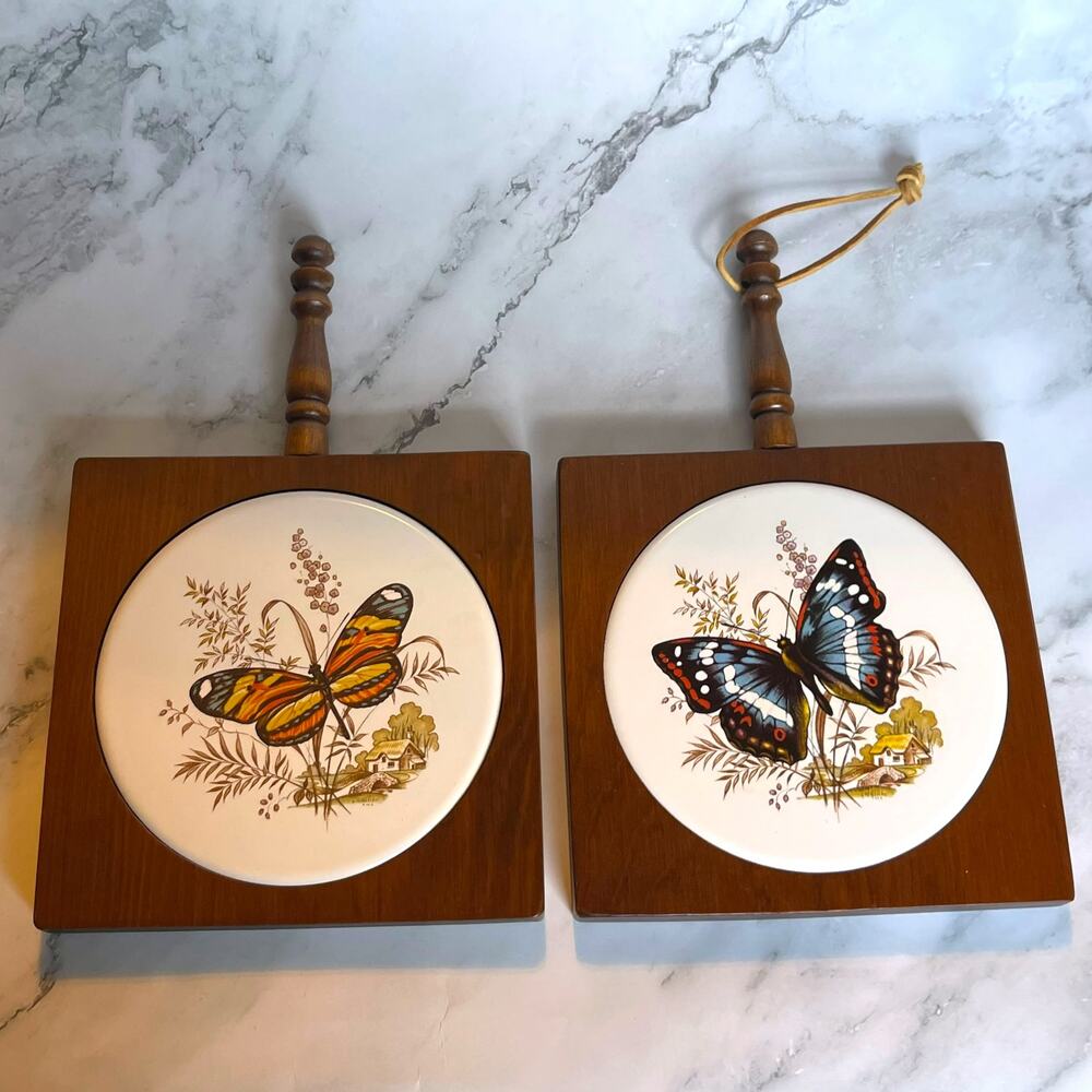 Vintage Butterfly Ceramic Tile Wood Trivets Wall Hangings Set of 2 1970s